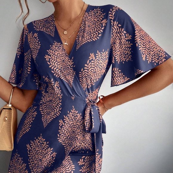 Blue Boho Womens Allover Print Knot Side Wrap Romper - Picture 3 of 5